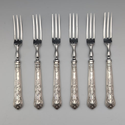 1973 British Vintage Sterling Silver Handle Dessert Fork x6 Harrison Brothers Case Included